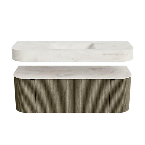 MONDIAZ THOR-DLUX 130cm meuble de salle de bains arrondi gauche + droite couleur Shadow avec 1 tiroir et 2 portes. Vasque suspendue CLOUD Milieu 1 trou de robinet couleur Ostra. SW1463765