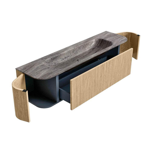 MONDIAZ KURVE-DLUX 170cm badmeubel ronding Links + Rechts kleur Oak met 1 lade en 2 deuren. Wastafel BIG LARGE Midden 1 kraangat Oza. SW1432653