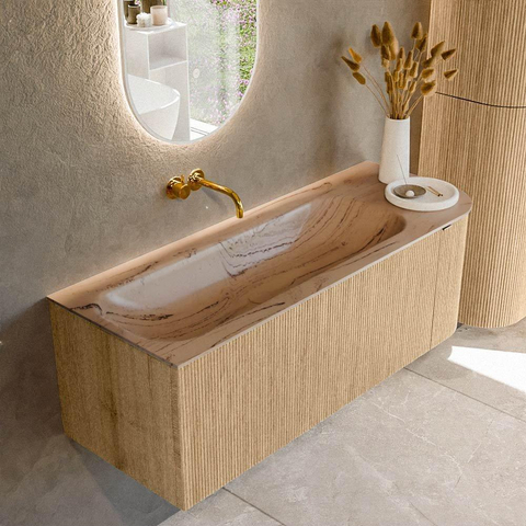 MONDIAZ KURVE-DLUX 125cm badmeubel ronding Rechts kleur Oak met 1 lade en 1 deur. Wastafel BIG MEDIUM Links zonder kraangat Arena. SW1431093