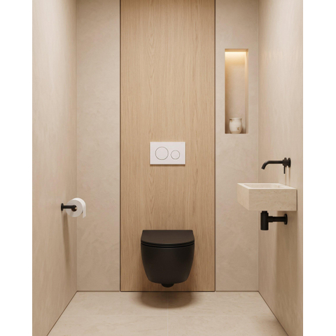 QeramiQ Dely Swirl Toiletset - 36.5x53cm - Geberit UP720 Duofix Sigma inbouwreservoir - 35mm zitting - bedieningsplaat Delta wit - ronde knoppen - mat zwart SW1413936