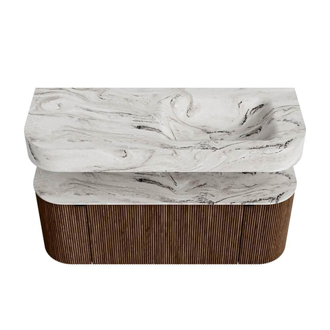 MONDIAZ THOR-DLUX 120cm badmeubel ronding links + rechts kleur Walnut met 1 lade en 2 deuren. Vrijhangende wastafel CLOUD Rechts 1 kraangat kleur Glace. SW1463214