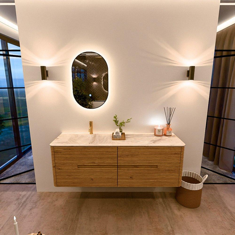 Mondiaz CIRO-DLUX Ensemble de meubles de salle de bains - 150x45x50cm - Vasque solid surface Frappe - 1 lavabo à gauche - 1 trou de robinet - 4 tiroirs - Chêne SW1530875
