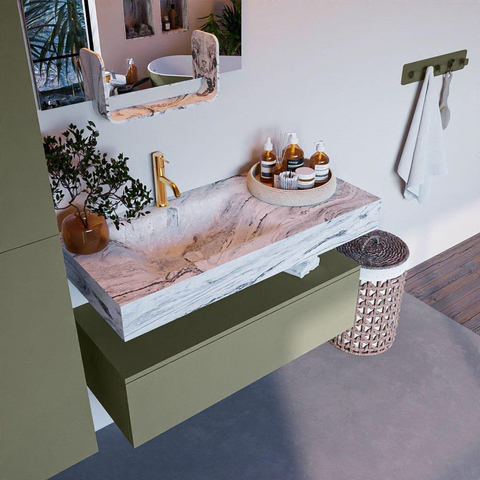 Mondiaz ALAN-DLUX Ensemble de meuble - 100cm - meuble Army mat - 1 tiroir - Lavabo Cloud Glace suspendu - vasque Gauche - 1 trou de robinet SW805984