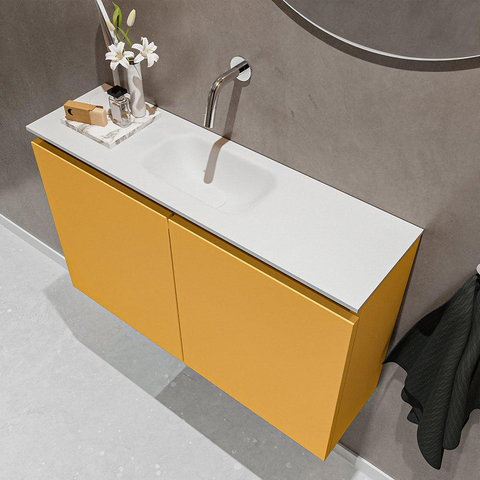 MONDIAZ TURE Toiletmeubel 80x23x50cm met 0 kraangaten 2 deuren ocher mat Wastafel Eden midden Solid Surface Wit SW475051