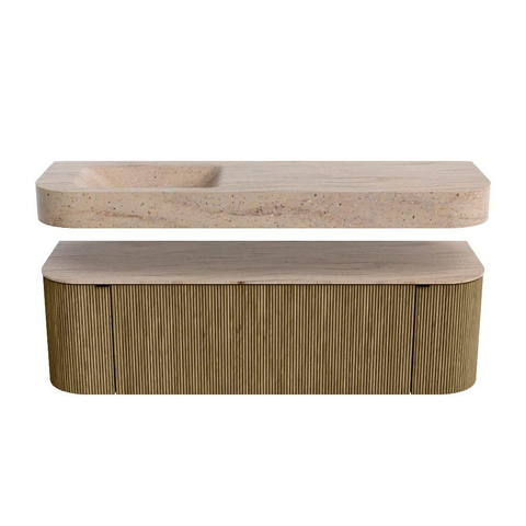MONDIAZ THOR-DLUX 150cm meuble de salle de bains arrondi gauche + droite couleur Dusk avec 1 tiroir et 2 portes. Vasque suspendue CLOUD gauche 1 trou de robinet couleur Saba. SW1464911