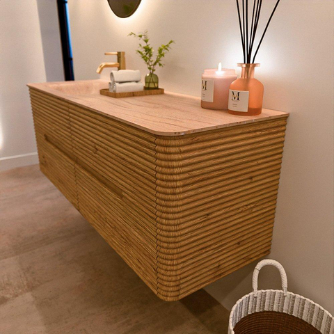 Mondiaz CIRO-DLUX Badkamermeubelset - 140x45x50cm - Solid surface wastafel Saba - 1 wasbak Links - 1 kraangat - 4 lades - Oak SW1531193