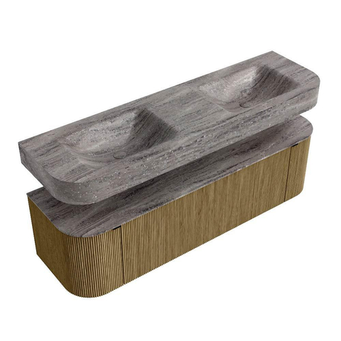 MONDIAZ THOR-DLUX 160cm meuble de salle de bains arrondi gauche + droite couleur Dusk avec 1 tiroir et 2 portes. Vasque suspendue CLOUD Double 2 trous de robinet couleur Oza. SW1465314