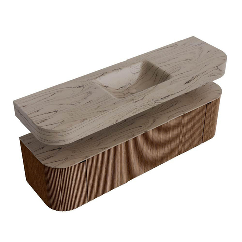 MONDIAZ THOR-DLUX 160cm badmeubel ronding links + rechts kleur Walnut met 1 lade en 2 deuren. Vrijhangende wastafel CLOUD Midden zonder kraangat kleur Arena. SW1465099