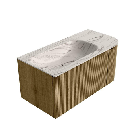 MONDIAZ KURVE-DLUX Meuble de salle de bains 95cm arrondi à droite couleur Dusk avec 1 tiroir et 1 porte. Lavabo BIG SMALL à gauche sans trou de robinet Nata. SW1432375