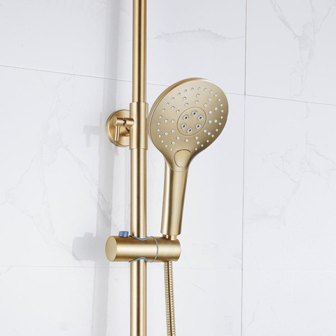 Fortifura Calvi Regendoucheset - thermostatisch - 25cm - hoofddouche - gladde slang - ronde handdouche - PVD - geborsteld messing (goud) SW1204403