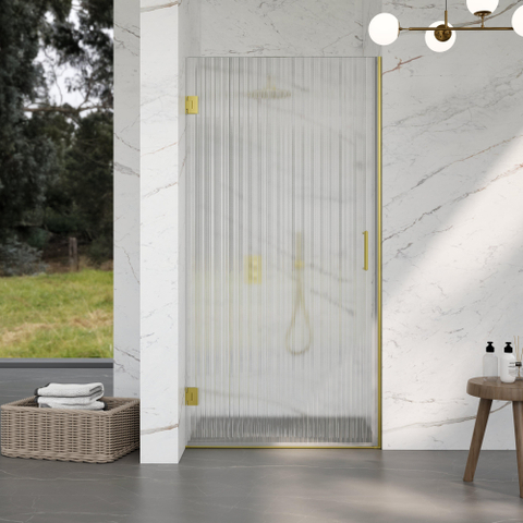Fortifura Galeria Douchedeur - 100x200cm - 8mm - veiligheidsglas - ribbel - scharnieren - deurgreep - helder - PVD - geborsteld messing geborsteld/helder glas (goud) SW1212517