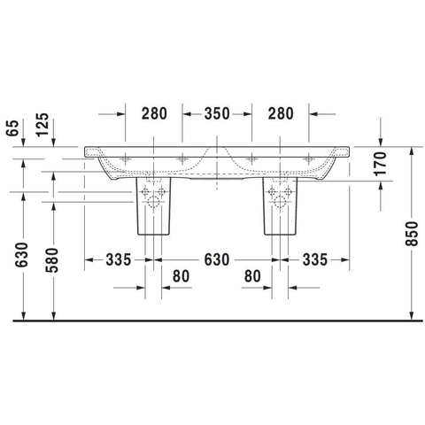 Duravit Durastyle Dubbele wastafel - 130x48cm - met 2 kraangaten - met overloop - wit SW88235