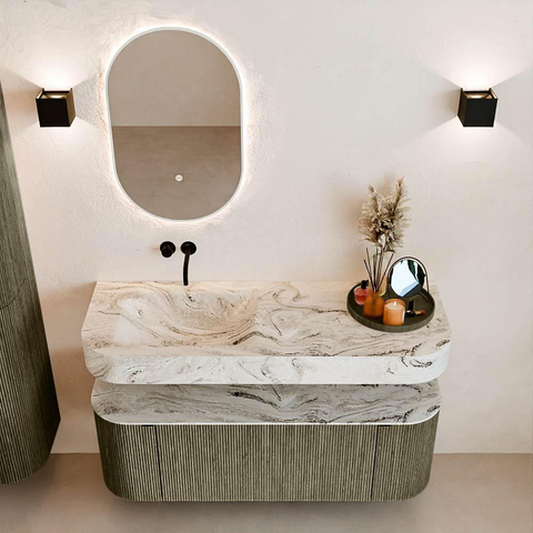 MONDIAZ THOR-DLUX 130cm badmeubel ronding links + rechts kleur Shadow met 1 lade en 2 deuren. Vrijhangende wastafel CLOUD Links zonder kraangat kleur Glace. SW1463729