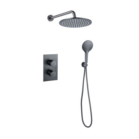 Fortifura Calvi Inbouw Regendoucheset - thermostatisch - wandarm - 25cm - hoofddouche - ronde handdouche - gladde doucheslang - PVD - geborsteld gunmetal (antraciet) SW1233151