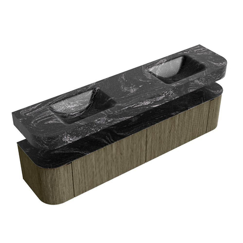 MONDIAZ THOR-DLUX 200cm meuble de salle de bains arrondi gauche + droite couleur Shadow avec 2 tiroirs et 2 portes. Vasque suspendue CLOUD Double sans trou de robinet couleur Lava. SW1467039