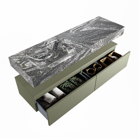 Mondiaz ALAN-DLUX Ensemble de meuble - 150cm - meuble Army mat - 2 tiroirs - Lavabo Cloud Lava suspendu - vasque Gauche - 1 trou de robinet SW808647