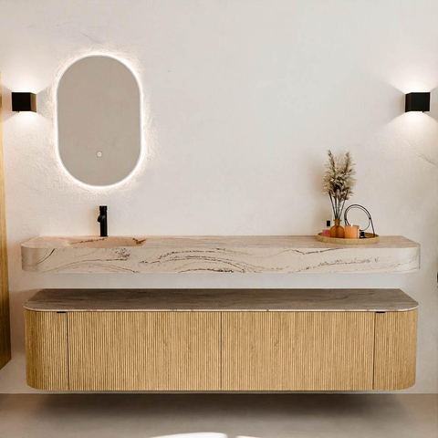 MONDIAZ THOR-DLUX 200cm meuble de salle de bains arrondi gauche + droite couleur Oak avec 2 tiroirs et 2 portes. Vasque suspendue CLOUD Gauche 1 trou de robinet couleur Arena. SW1467064