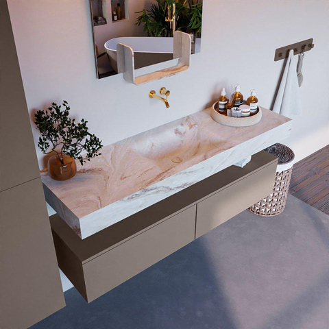 Mondiaz ALAN-DLUX Ensemble de meuble - 150cm - meuble Smoke mat - 2 tiroirs - Lavabo Cloud Frappe suspendu - vasque Centre - 0 trous de robinet SW804958