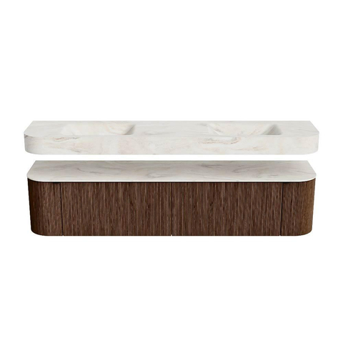 MONDIAZ THOR-DLUX 200cm badmeubel ronding links + rechts kleur Walnut met 2 lades en 2 deuren. Vrijhangende wastafel CLOUD Dubbel zonder kraangat kleur Ostra. SW1467002