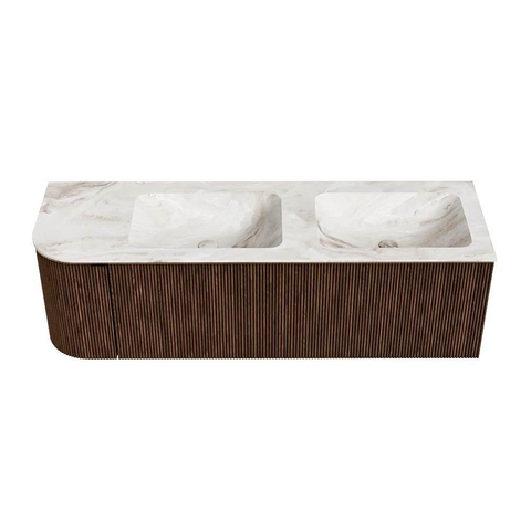 MONDIAZ KURVE-DLUX meuble de salle de bains 145 cm avec module 25 L couleur Walnut avec 1 tiroir et 1 porte. Lavabo LEAF double / à droite sans trou de robinet couleur Frappe. SW1137477