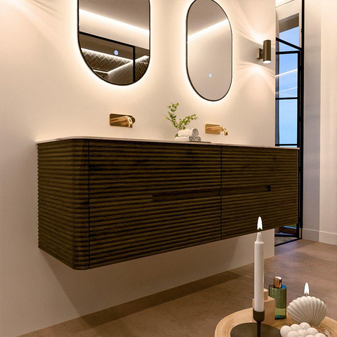 Mondiaz CIRO-DLUX Badkamermeubelset - 160x45x50cm - Solid surface wastafel Nata - 2 wasbak Dubbel - zonder kraangaten - 4 lades - Shadow SW1532604