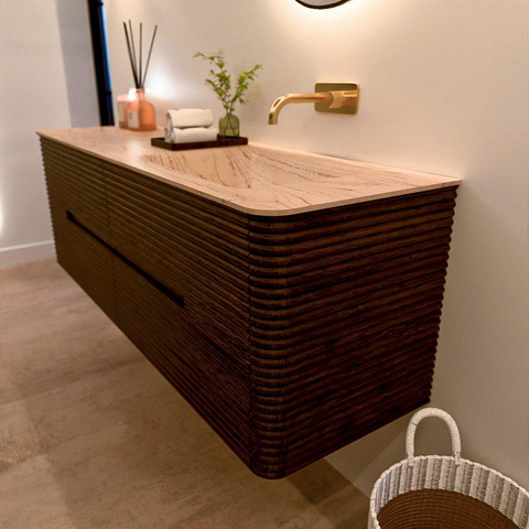 Mondiaz CIRO-DLUX Badkamermeubelset - 150x45x50cm - Solid surface wastafel Arena - 1 wasbak Rechts - zonder kraangaten - 4 lades - Walnut SW1530426