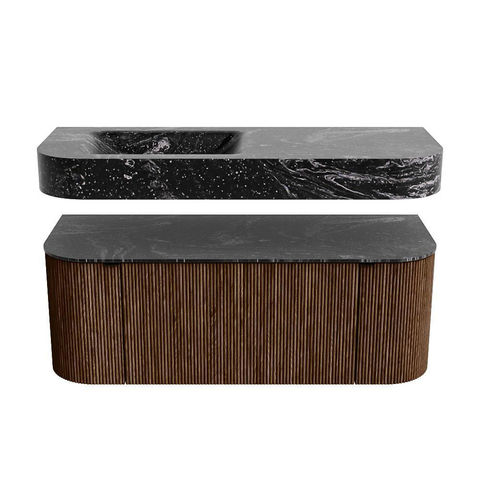 MONDIAZ THOR-DLUX 120cm badmeubel ronding links + rechts kleur Walnut met 1 lade en 2 deuren. Vrijhangende wastafel CLOUD Links 1 kraangat kleur Lava. SW1463196