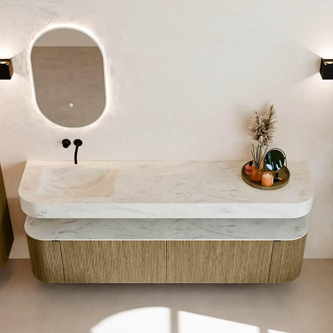 MONDIAZ THOR-DLUX 190cm meuble de salle de bains arrondi gauche + droite couleur Dusk avec 2 tiroirs et 2 portes. Vasque suspendue CLOUD Gauche sans trou de robinet couleur Opalo. SW1466466