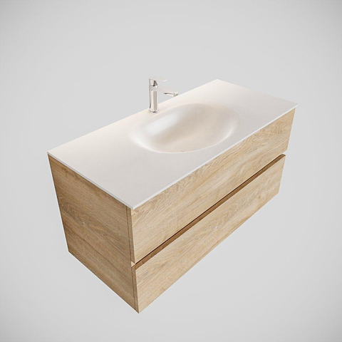 ENSEMBLE DE MEUBLE MONDIAZ VICA - 100cm - 2 tiroirs - lavabo Moon central - 1 trou de robinet - solid surface chêne blanchi SW409883