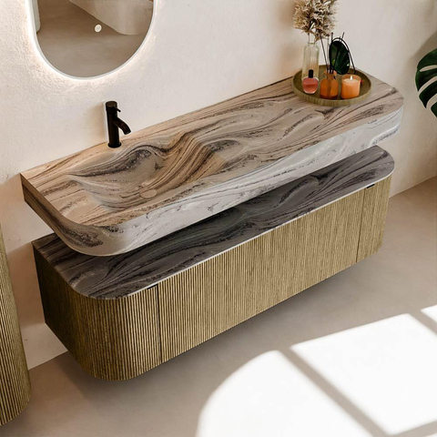 MONDIAZ THOR-DLUX 150cm meuble de salle de bains arrondi gauche + droite couleur Dusk avec 1 tiroir et 2 portes. Vasque suspendue CLOUD Gauche 1 trou de robinet couleur Sombra. SW1464908