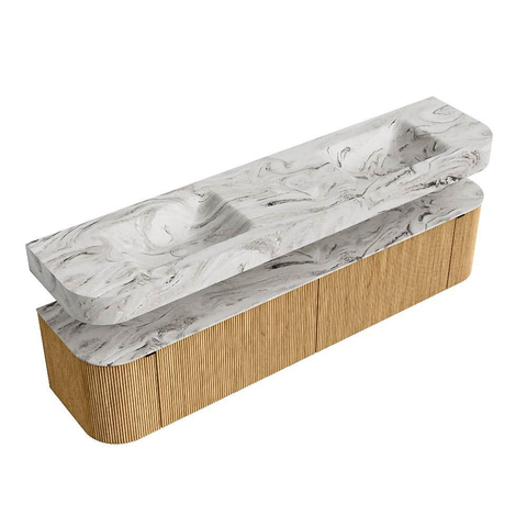 MONDIAZ THOR-DLUX 200cm meuble de salle de bains arrondi gauche + droite couleur Chêne avec 2 tiroirs et 2 portes. Vasque suspendue CLOUD Double 2 trous de robinet couleur Glace. SW1466939