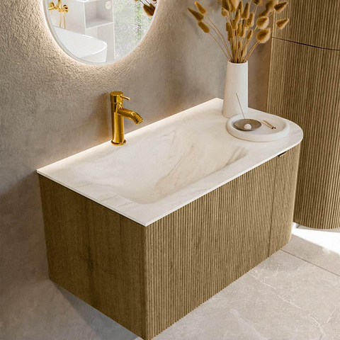Mondiaz KURVE-DLUX Ensemble meuble de salle de bains - 85x46x40cm - 1 tiroir - 1 porte - lavabo solid surface - gauche - 1 trou de robinet - Dusk SW1414999