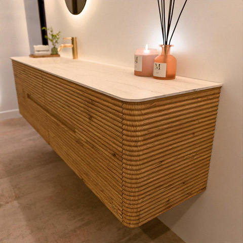 Mondiaz CIRO-DLUX Meuble de salle de bains - 180x45x50cm - lavabo solid surface Meli - 1 vasque à gauche - 1 trou de robinet - 4 tiroirs - Chêne SW1531427