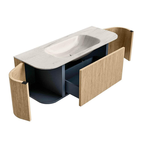 MONDIAZ KURVE-DLUX Meuble de salle de bains 120 cm arrondi Gauche + Droite couleur Chêne avec 1 tiroir et 2 portes. Lavabo BIG SMALL Central 1 trou de robinet Meli. SW1431613