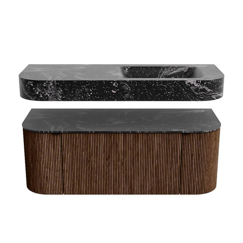 MONDIAZ THOR-DLUX 120cm meuble de salle de bains arrondi gauche + droite couleur Walnut avec 1 tiroir et 2 portes. Vasque suspendue CLOUD droite sans trou de robinet couleur Lava. SW1463218