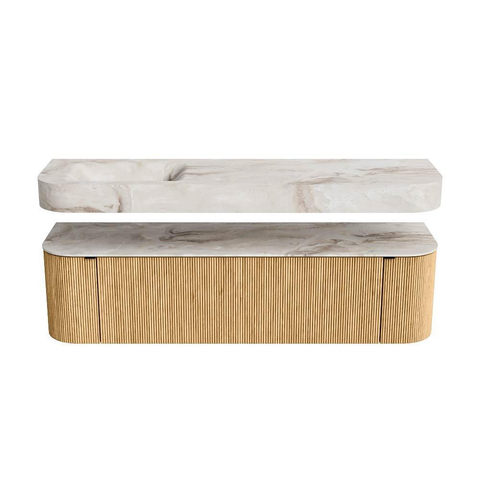 MONDIAZ THOR-DLUX 170cm badmeubel ronding links + rechts kleur Oak met 1 lade en 2 deuren. Vrijhangende wastafel CLOUD Links zonder kraangat kleur Frappe. SW1465420