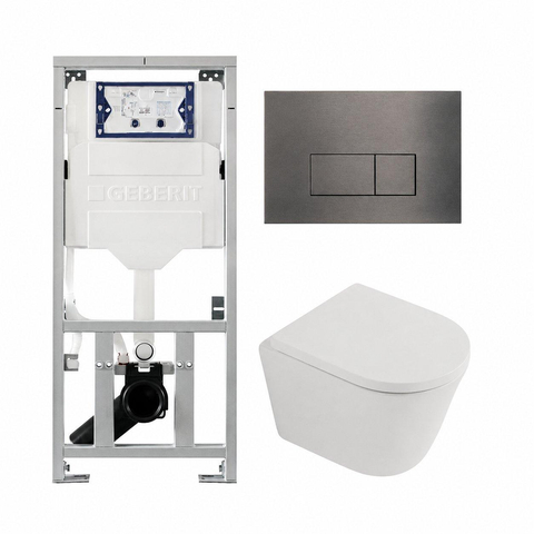 QeramiQ Dely Toiletset - 36.3x51.7cm - diepspoel - rimless - Geberit UP320 inbouwreservoir - softclose toilet zitting - 35mm - gunmetal bedieningsplaat - rechthoekige knoppen - mat wit SW1235382