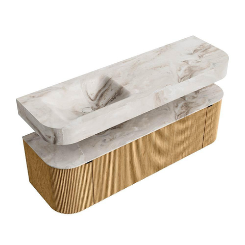 MONDIAZ THOR-DLUX 150cm badmeubel ronding links + rechts kleur Oak met 1 lade en 2 deuren. Vrijhangende wastafel CLOUD Links zonder kraangat kleur Frappe. SW1464585