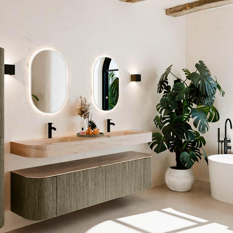 MONDIAZ THOR-DLUX 180cm meuble de salle de bains arrondi gauche + droite couleur Shadow avec 2 tiroirs et 2 portes. Vasque suspendue CLOUD Double 2 trous de robinet couleur Saba. SW1466255