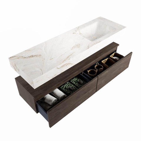 Mondiaz ALAN-DLUX Ensemble de meuble de salle de bains - 150x46cm - 2 tiroirs - lavabo suspendu - 1 trou de robinet - 2 à droite - Dark brown (chêne foncé) SW1413196