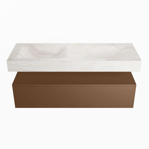 Mondiaz ALAN-DLUX Ensemble de meuble - 130cm - meuble Rust mat - 1 tiroir - Lavabo Cloud Ostra suspendu - vasque Gauche et droite - 2 trous de robinet SW807535