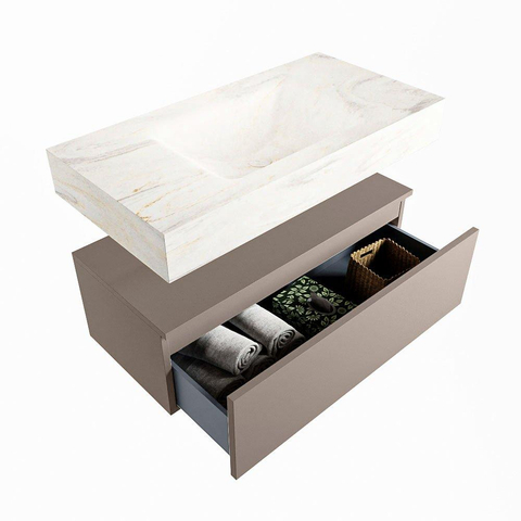 Mondiaz ALAN-DLUX Ensemble de meuble - 90cm - meuble Smoke mat - 1 tiroir - Lavabo Cloud Ostra suspendu - vasque Centre - 1 trou de robinet SW807270
