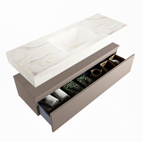 Mondiaz ALAN-DLUX Ensemble de meuble - 130cm - meuble Smoke mat - 1 tiroir - Lavabo Cloud Ostra suspendu - vasque Centre - 1 trou de robinet SW807312