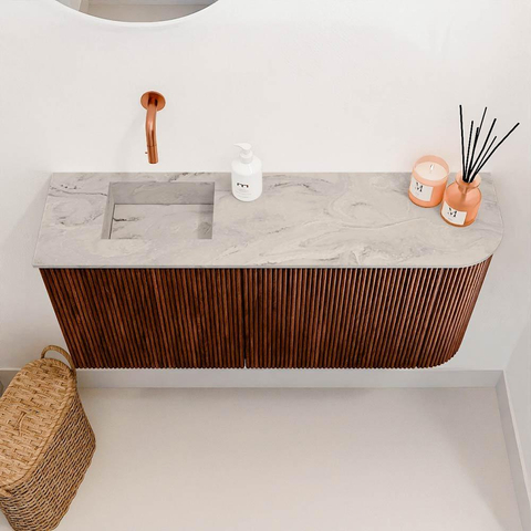 Mondiaz JOYA-DLUX Meuble de salle de bains 91,6cm - arrondi droite couleur Ruby - Vasque FAYE position Gauche Sans trou de robinet couleur Glace SW1423592