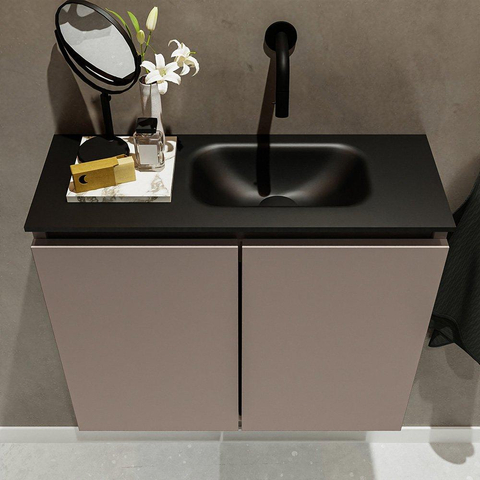 MONDIAZ TURE Fonteinset - 60x23x50cm - 0 kraangaten - 2 deuren - smoke mat - Wasbak rechts - Solid Surface Zwart SW475332