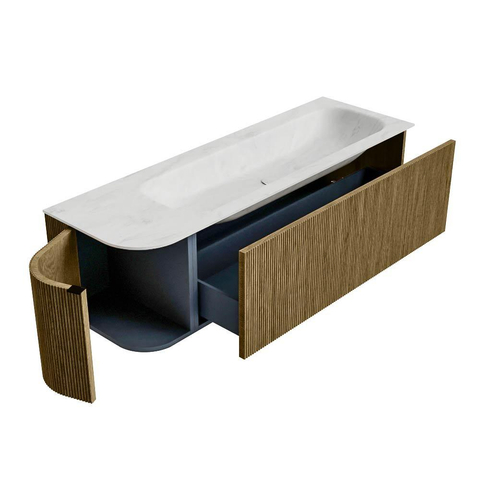 Mondiaz KURVE-DLUX Badkamermeubelset - 145x46x40cm - 1 lade - 1 deur - wastafel solid surface - rechts - 2 kraangaten - Dusk SW1414941