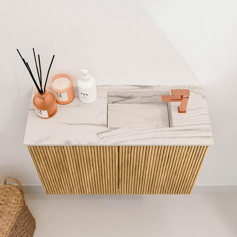 Mondiaz JOYA-DLUX 60cm toiletmeubel - kleur Oak - Wastafel FAYE positie Rechts 1 kraangat kleur Nata. SW1424034
