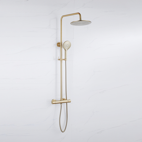 Fortifura Calvi Regendoucheset - thermostatisch - 25cm - hoofddouche - metalen slang - ronde handdouche - PVD - geborsteld messing (goud) SW1204402