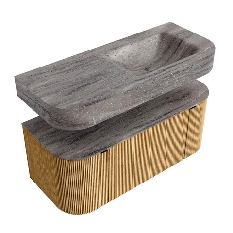 MONDIAZ THOR-DLUX 110cm meuble de salle de bains arrondi gauche + droite couleur Oak avec 1 tiroir et 2 portes. Vasque suspendue CLOUD Droite sans trou de robinet couleur Oza. SW1463001