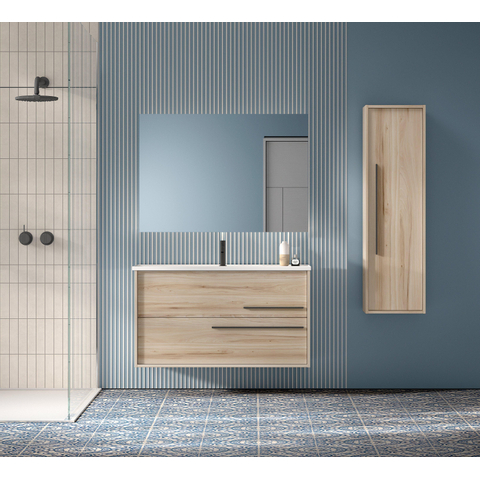 Saniclass Prime Essential Meuble de salle de bain - 100x55x46cm - 1 vasque rectangulaire blanc - 1 trou de robinet - 2 tiroirs - miroir rectangulaire - chêne clair SW925105